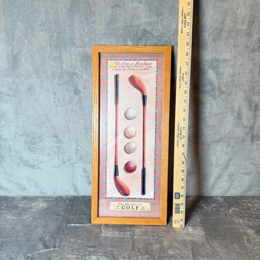 Vintage Golf Print Wall Art - Oak Frame, Pink Accents
